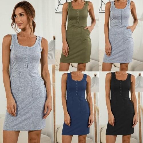 Summer Dress Women Clothing Pencil Dresses Buttons Pockets O-Neck Sleeveless Slim Hips Mini Dress For Women Vestidos Femme Robes