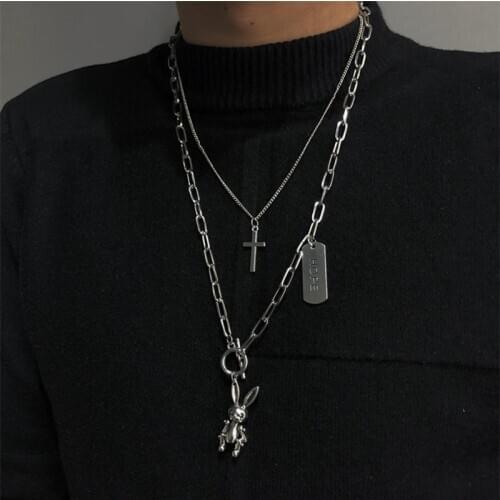 Stainless Steel Multilayer Hip Hop Long Chain Necklace For Women Men Jewelry Gift 2021 New Fashion Rabbit Cross Pendant Necklace