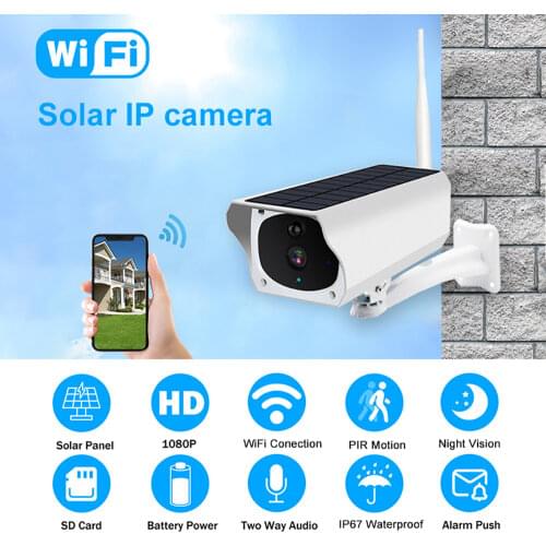 Outdoor Security Solar Camera 1080P Wireless WiFi Video Surveillance Solar Panel Rechargeable Battery Bullet PIR Motion Alarm