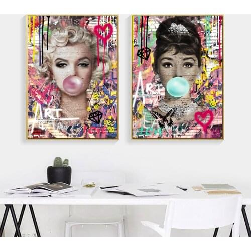 Classic Beauty Monroe And Hepburn Bubble Graffiti Wall Art Prints Canvas Painting Poster Cuadros For Living Room Home Decoration