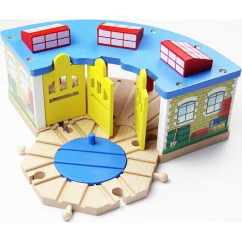 P144 Free shipping Wooden bulk train track accessory, three-door garage + blue turntable, compatible with wooden train tracks