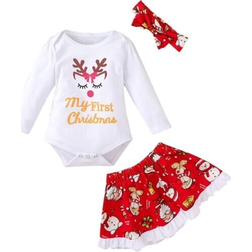 Christmas Baby Girl Clothes Set 3Pcs Toddler Girl Elk Print Romper + Print Red Skirt + Headband Outfits Hot