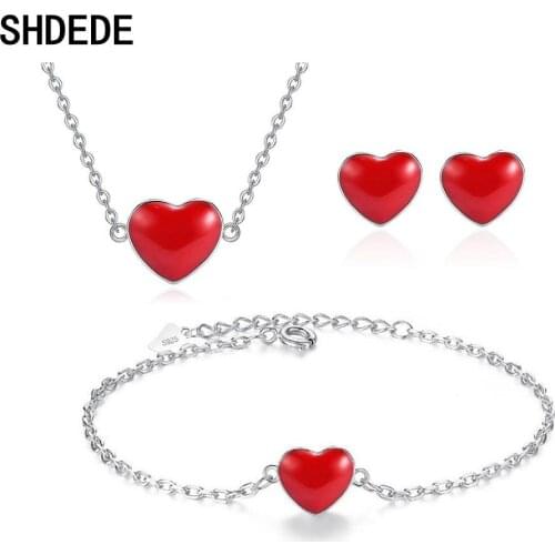 SHDEDE Heart Necklace Earrings Bracelets Jewelry Sets For Women Gift Wedding Bride Party Korea Trendy Accessories Red -WH
