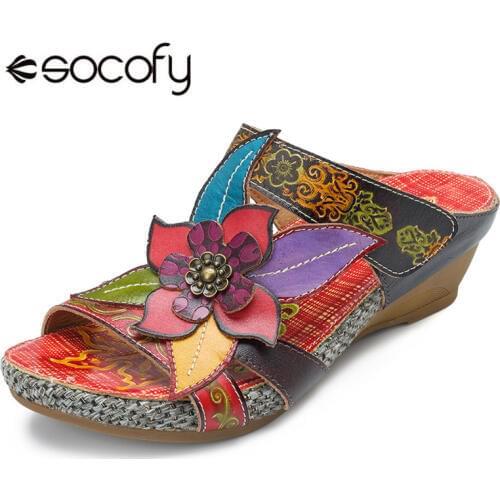 Socofy Genuine Leather Slippers Women Shoes Bohemian Handmade Flower Slide Slippers Wedge Heels Summer Shoes Woman Retro Sandals