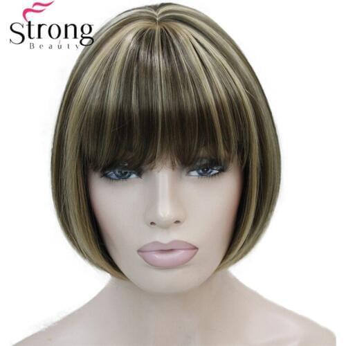 StrongBeauty Llight Brown with Ginger Hilight mix Women' Short Bob Straight full Synthetic Wig For Everyday