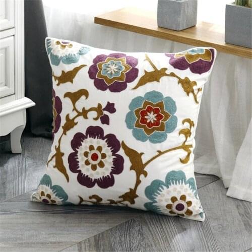 Home Decoration Cushion Cover Cotton Canvas Floral Ethnic Style Square Embroidery Pillow Case 45X45Cm for Sofa Pillow Decor Home