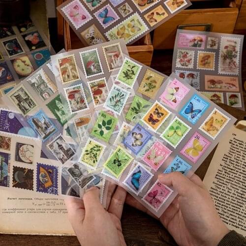 Postage Stamps Design Transfer Stickers Aesthetic Scrapbooking Material Vintage Map Butterfly Mushroom Rub On Journal Sticker