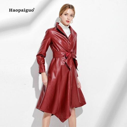 Fashion Autumn Winter Women Coats 2018 Red Black Casual Turn-down Collar PU Faux Leather Jacket Long Coat Office Outwear Coats