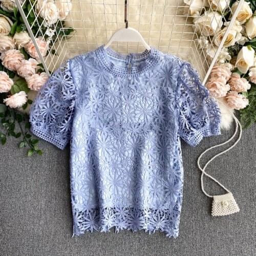 Summer Wear for Women 2020 New Fashion Round Neck Retro Court Hollow Lace Shirt Short Sleeve Tops Blouse M914