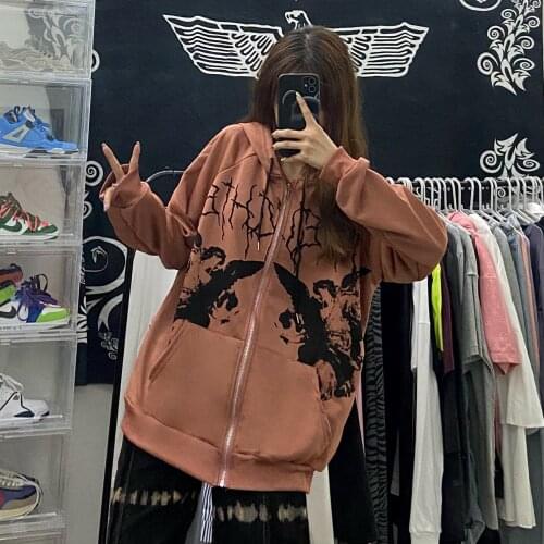 2021 new Hoodie Angel print Dark print Jacket Coat Women hip-hop streetwear Harajuku Anime hoodies zipper women zip up hoodie