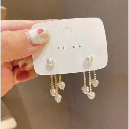 ALLNEWME Romantic Irregular Simulated Pearl Love Heart Pendant Earrings for Women Shinning Rhinestone Tassel Earrings Jewelry