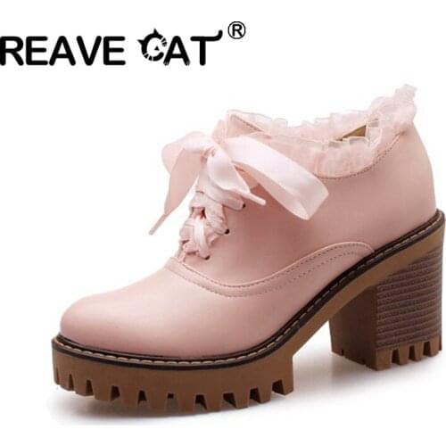 REAVE CAT 2021 Cute Princess Lady Pumps College Ribbons Lace Up Round Toe Platforms 8CM Chunky Heel US12 Black Beige Pink A4401