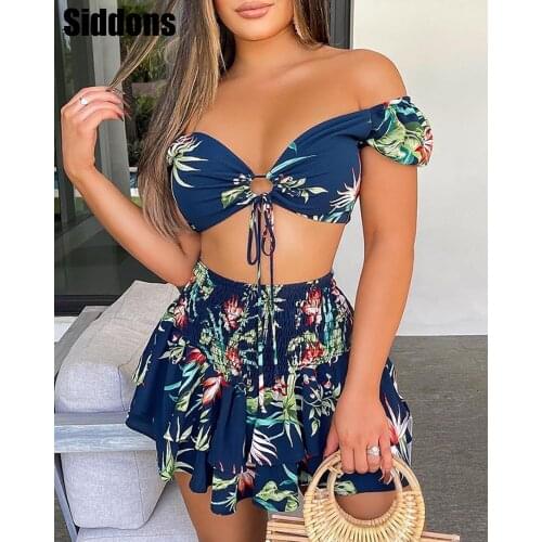 2021 New Women Two Piece Sets Summer Boho Floral Skirts Sets Ladies Short Sleeve V Neck Crop Tops Blouse and Mini Skirt