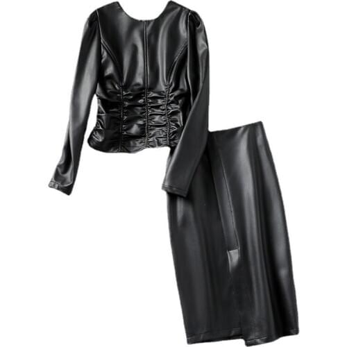 High Quality New Women Two Piece Sets Long Sleeve O Neck Zipper Front Coat Tops Mini Skirt Female Black PU Leather Dress Suits
