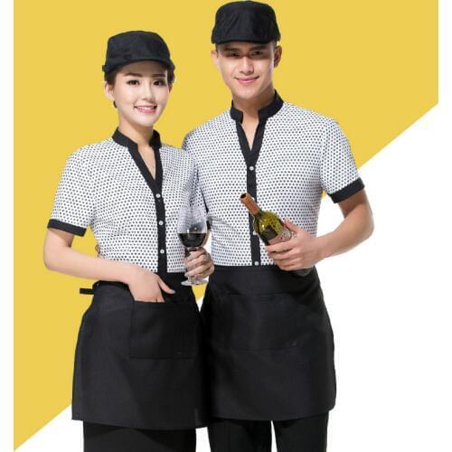 Womens Short Sleeves Waitress Uniforme Restaurant Coffee Hot Pot Susu Shop Overalls Catering Mens Waiter Work Clothes H2295