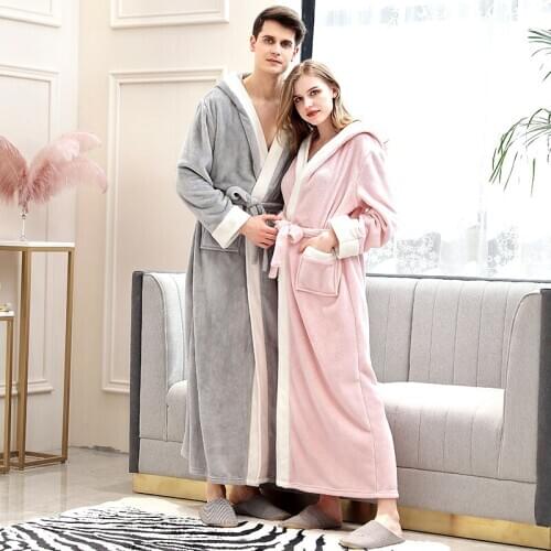 Women Winter Extra Long Flannel Warm Bathrobe Kimono Coral Fleece Plus Size Bath Robe Brides Sexy Dressing Gown Men Sleepwear