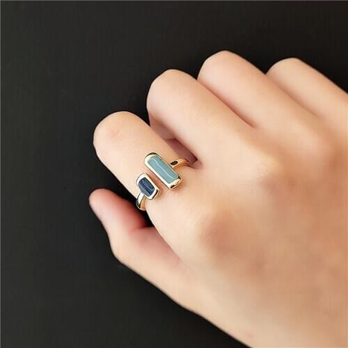 Blue Enamel Rectangle Ring Geometric Jewelry For Women Girls Adjustable Ring Simple Bague Bijoux