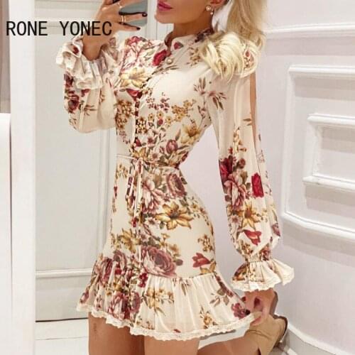 Women Casual waistband Lattern sleeves All Over Print Floral Folds Lace Mini Dress