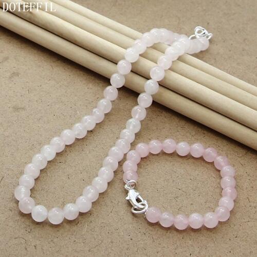 DOTEFFIL Pink Agate 8mm Beaded Chain 925 Silver Buckle Necklace Bracelet Set For Women Wedding Engagement Jewelry
