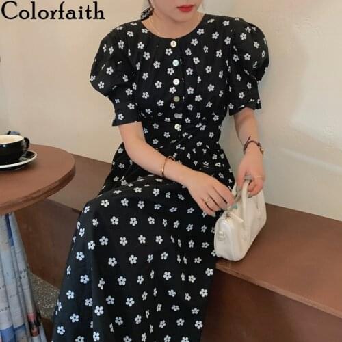 Colorfaith New 2021 Women Summer Dresses High Waist Printed Floral Vintage Puff Sleeve Elegant Sweet Lady Long Dresses DR62680