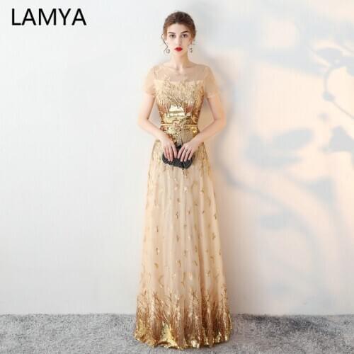 LAMYA Gold Sequins Elegant Long Evening Dresses Short Sleeve Prom Party Dresses O Neck a Line Formal Gown Robe De Soiree Tulle