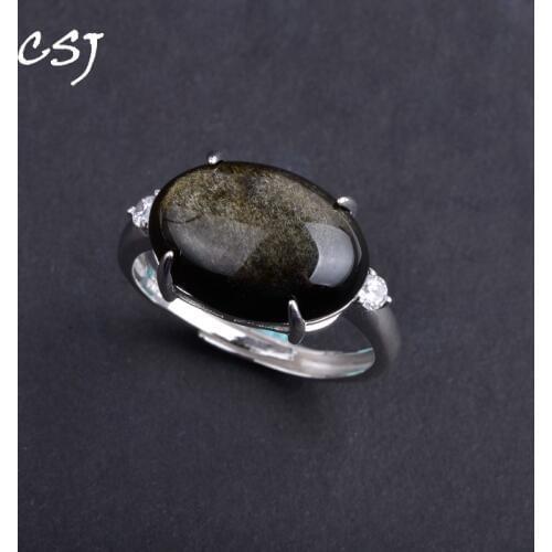 CSJ Real Natural Obsidian Rings Sterling 925 Silver Big Stone Gold Eyes Obsidian Oval12*14mm Fine Jewelry for Man and Women