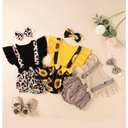 Newborn Kids Baby Girls Clothing Sets Floral Printed Clothes Cotton Ribbed Tops Suspenders Shorts Headband Outfit Set Summer New