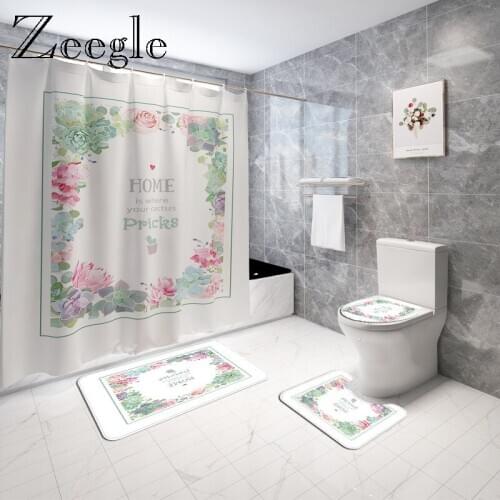 Floral Bath Mat and Shower Curtain Set Absorbent Floor Pad Anti-slip Toilet Mat Flannel Memory Foam Bathroom Foot Mat Set