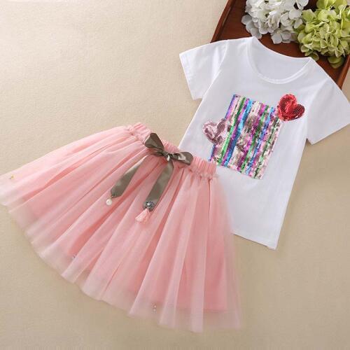Summer Kids Clothes For Girls 2Pcs Love Sequin Short Sleeve Top + Mesh Skirt Children Toddler Girls Clothing Sets