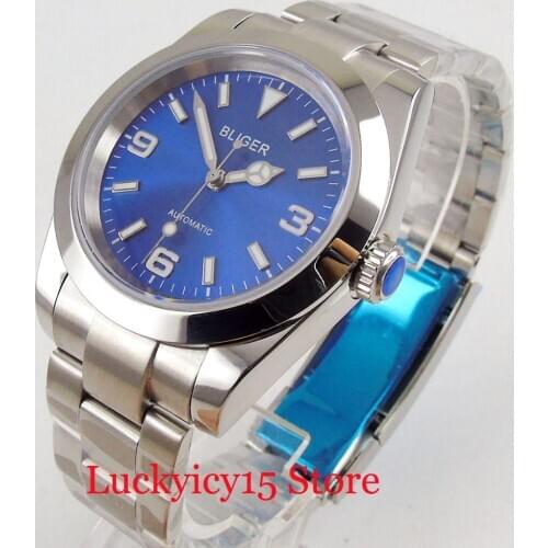 BLIGER Blue Mechanical Self Winding Men Wristwatch Polished Case Sainless Steel Band MIYOTA Movement