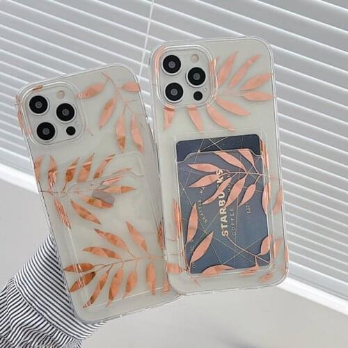 Fashion Plating Gold Leaves Phone Case for iPhone 12 11 Pro XS Max XR 7 8 Plus SE 2020 Card Money Slots Holder Clear Cover Shell