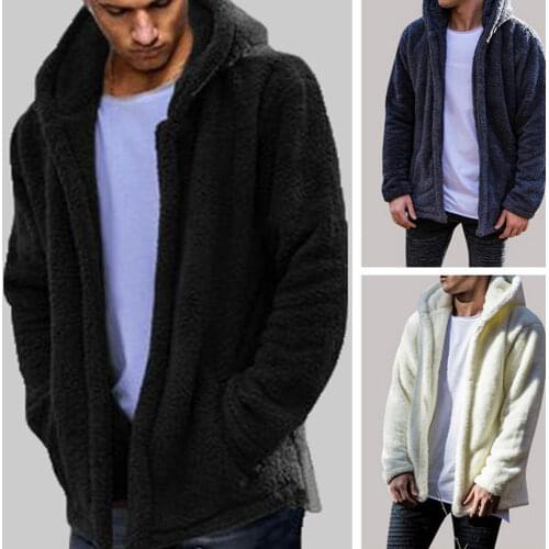 Hirigin Fashion Mens Hooded Long Sleeve Jacket Plush Thick Solid Color Warm Casual Comfortable Breathable Top Wrap Short Coat