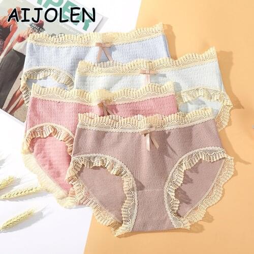 AIJOLEN Solid Color Mid-waist Underwear Large Size Womens Cotton Panties Bottoms Cute Lace Underpants Bow Knot Briefs