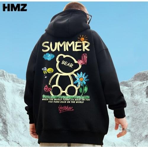 HMZ 2021 Autumn Casual Cartoon Bear Print Hoodies Sweatshirt Men Hip Hop Long Sleeve Pullover Hoodies Sweatshirt Clothes Men