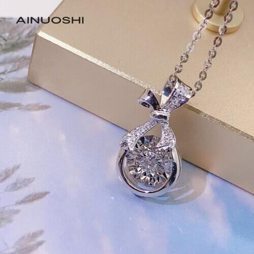 AINUOSHI 18K Gold Round Cut 0.09ct Real Diamond Dancing Bowknot Pendant Necklace Promise Anniversary Ladies Jewelry 18
