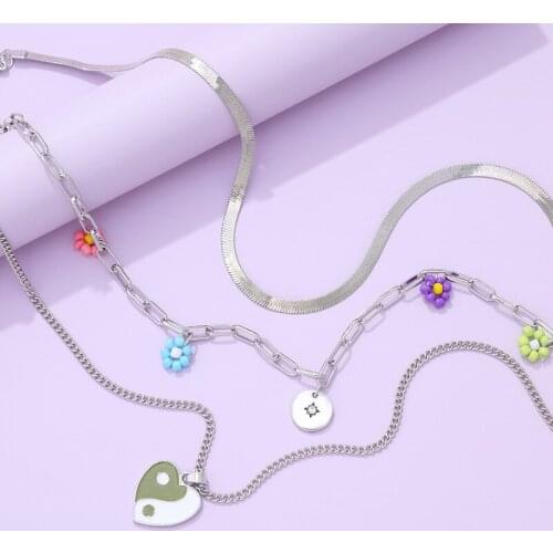 Minar French Retro Three Layers Tai Chi Love Heart Round Coin Pendant Necklace for Women Girls Silver Color Necklace Accessories