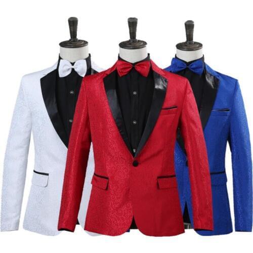 Singer star style dance stage fashion clothing for men groom suit mens wedding suits Dark flower formal dress tie red white blue