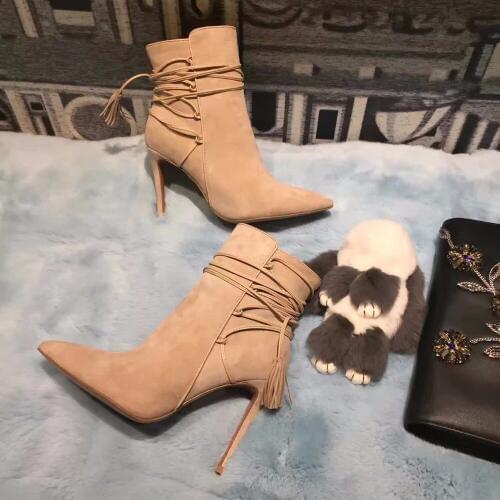 Hot selling suede fringed lace-up ankle boots sexy pointed toe high heel boos woman beige color thin heels boots winter boots