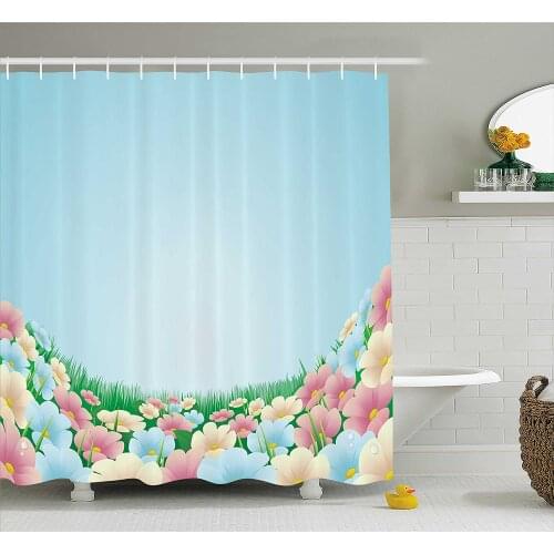 Garden Shower Curtain Curvy Fresh Meadow with Pastel Colored Daisies Pansies Yard Growth Countryside Art Bathroom Curtains