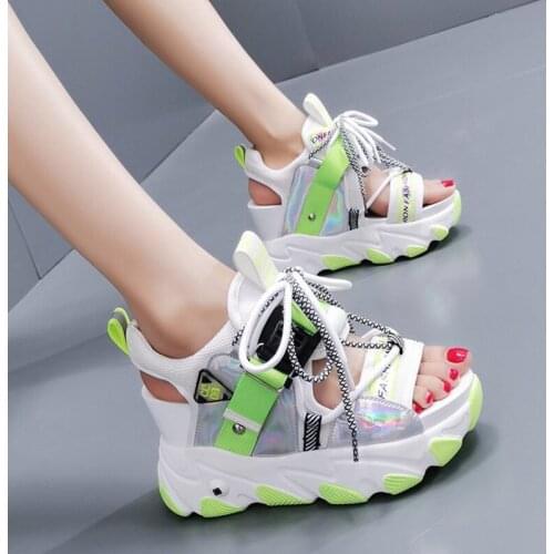 Women Platform Sandals Chunky Shoes Brand Fashion Woman Mesh Peep Toe Casual Shoes 8cm Height Increasing Lace Up Sandal Summer