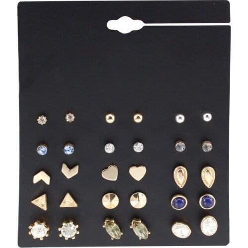 15 Pairs/set High Quality 2021 Fashion Gold Color Round Heart Rhinestone Stud Earrings For Women Girls Korean Geometric Earrings