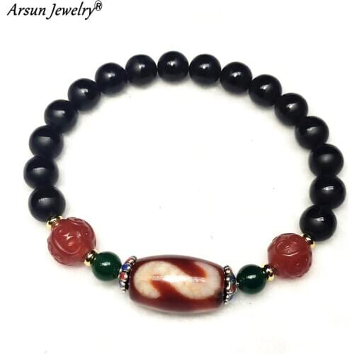 Tibetan Money Hook God of Wealth Lotus Ruyi Multiple Pattern Old Red Agate Dzi Bead Carved Matte Agate Dzi Bead String bracelet