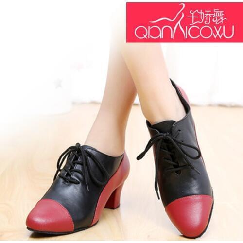 Red Latin Dance Shoes Female Adult Low-Height Spring And Summer Leather Modern Friendship Dance Teachers Shoes Soft Bottom 7019