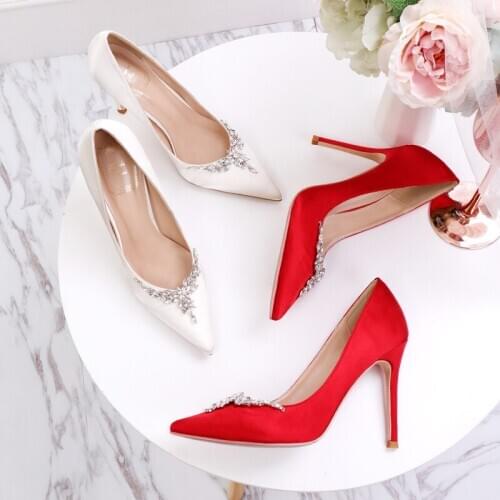 Stunning2021 Pearl White Dress Wedding Women New Silk Satin Princess Water Diamond Stiletto High Heel Shoes Pointed Bride