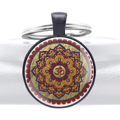 Vintage Hinduism symbol Glass Cabochon Keychain Pendant Necklace Men Women Unique key Ring Jewelry Accessories Gifts