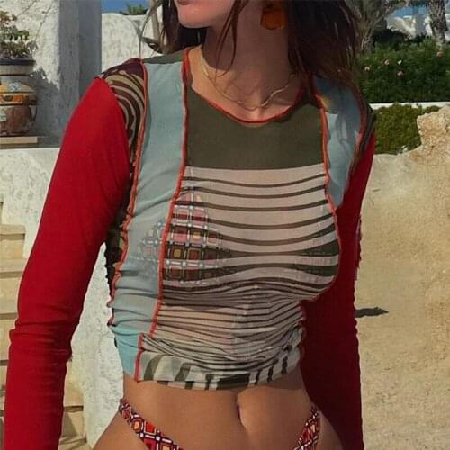 Gothic Patchwork T Shirt Women Clothes Punk Style See Through Printed Tees Sexy Bodycon Mesh Long Sleeve Tops