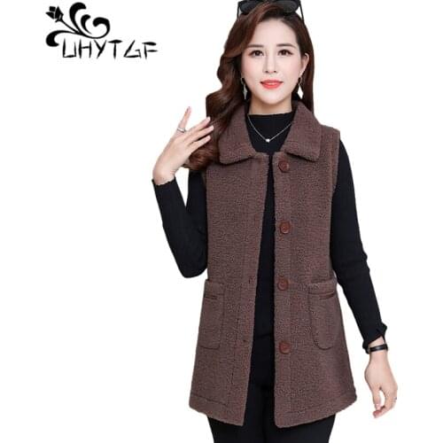 UHYTGF Sleeveless Jacket Women Casual Wild Female Coat Lambswool Warm Spring Autumn Fur Vest Mother 5XL Plus Size Waistcoat 2042