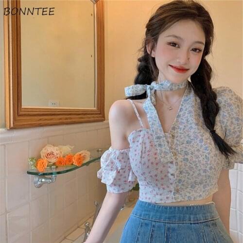 Summer Shirt Women Lace-up Print Casual Fashion Sexy Puff Sleeve Daily Vintage Clothing Simple Fit Retro All-match Ulzzang Tops