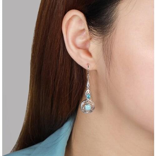 Natural Precious Larimar Earrings for Women 2021 Simple Fashion Geometric Round Charm 925 Sterling Silver Jewelry Gift Classic