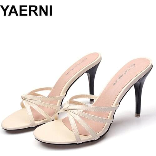 YAERNI Newly Arrived Summer Office Career Slippers Shallow Mouth Patent Leather Women Sandals Narrow Band Thin High Heels Party
